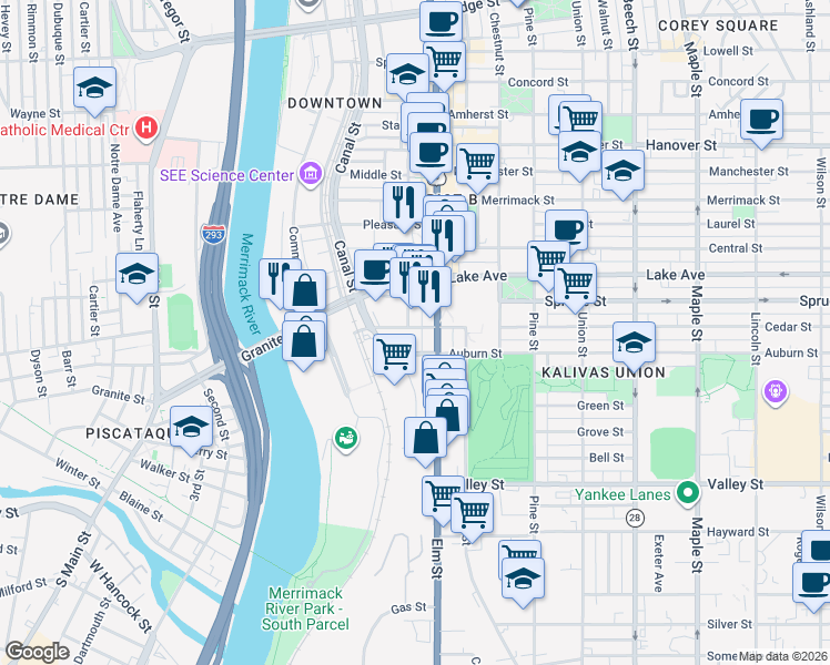map of restaurants, bars, coffee shops, grocery stores, and more near 24 West Auburn Street in Manchester