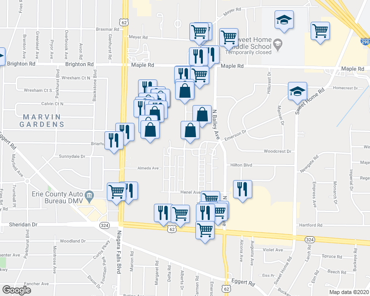 map of restaurants, bars, coffee shops, grocery stores, and more near 495 Alberta Drive in Buffalo