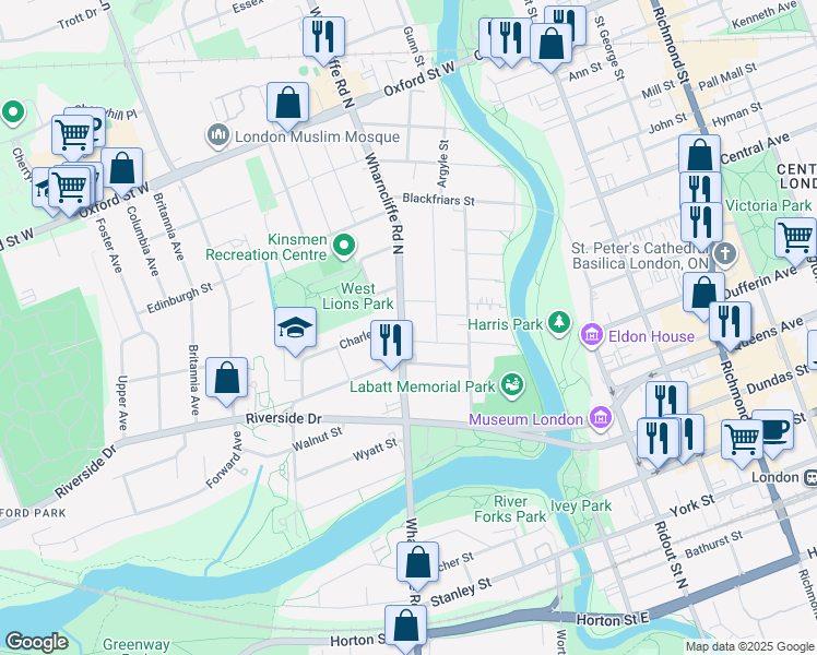 map of restaurants, bars, coffee shops, grocery stores, and more near 105 Wharncliffe Road North in London
