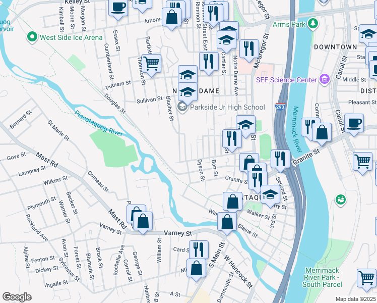 map of restaurants, bars, coffee shops, grocery stores, and more near 24 Hevey Street in Manchester