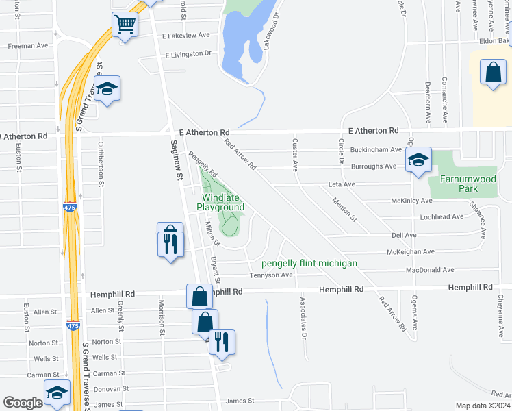 map of restaurants, bars, coffee shops, grocery stores, and more near 4125 Pengelly Road in Flint