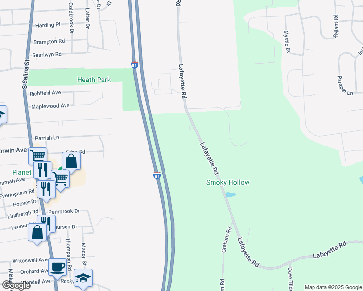 map of restaurants, bars, coffee shops, grocery stores, and more near 4421 Lafayette Rd in Jamesville