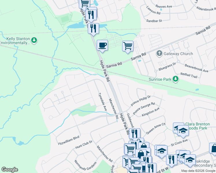map of restaurants, bars, coffee shops, grocery stores, and more near 1017 Manchester Road in London