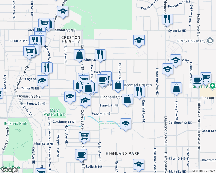 map of restaurants, bars, coffee shops, grocery stores, and more near 1226 Union Avenue Northeast in Grand Rapids