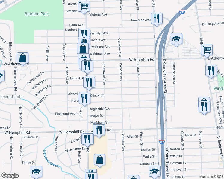 map of restaurants, bars, coffee shops, grocery stores, and more near 833 Alvord Avenue in Flint