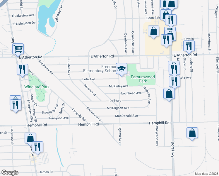 map of restaurants, bars, coffee shops, grocery stores, and more near 616 McKinley Avenue in Flint