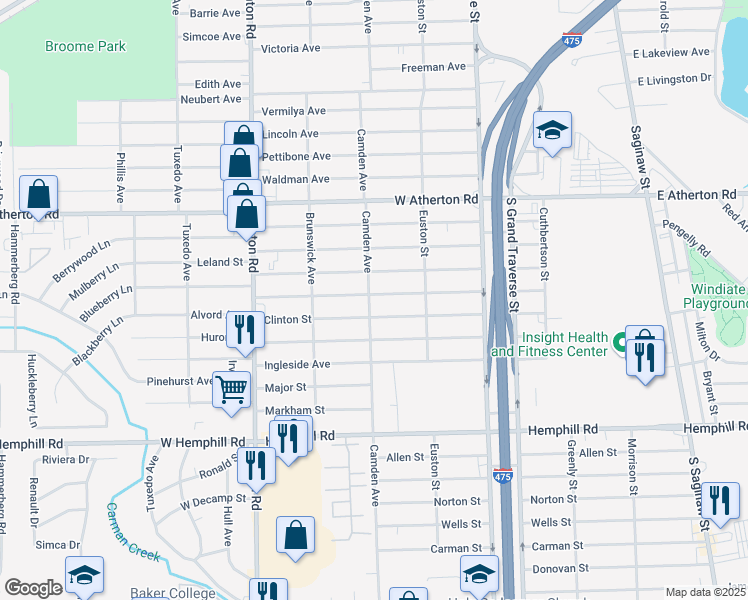 map of restaurants, bars, coffee shops, grocery stores, and more near 749 Alvord Avenue in Flint