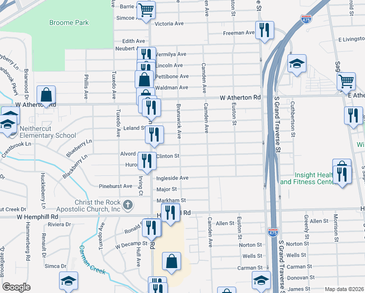 map of restaurants, bars, coffee shops, grocery stores, and more near 4201 Brunswick Avenue in Flint