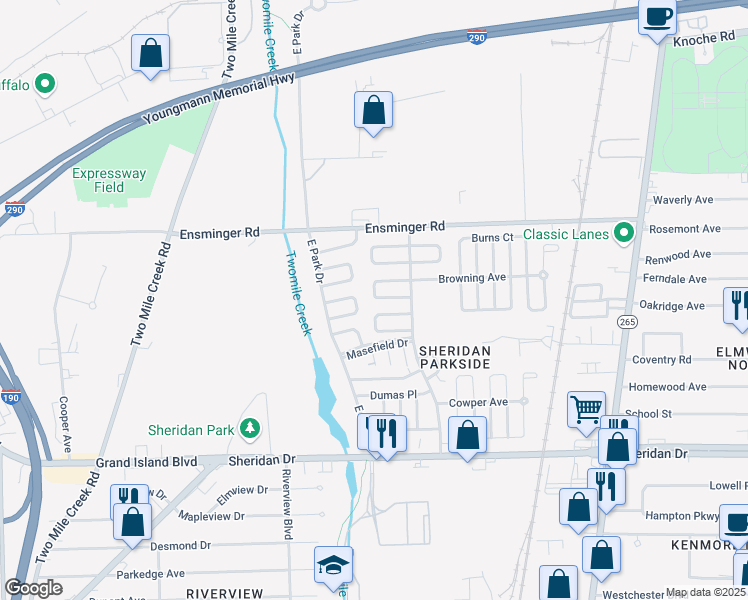 map of restaurants, bars, coffee shops, grocery stores, and more near 38 Alcott Court in Tonawanda