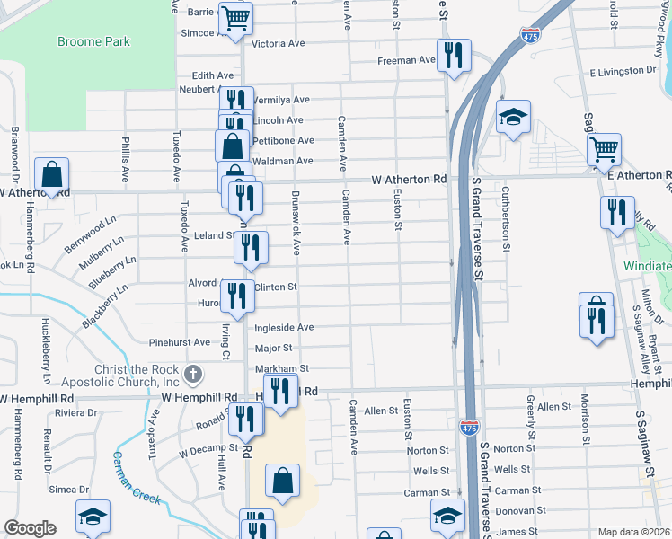 map of restaurants, bars, coffee shops, grocery stores, and more near 749 Alvord Avenue in Flint