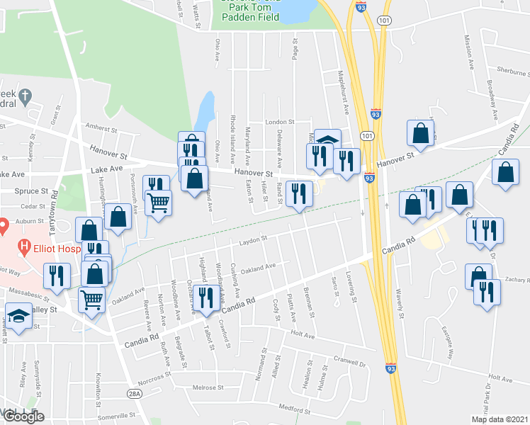 map of restaurants, bars, coffee shops, grocery stores, and more near 144 Crystal Street in Manchester