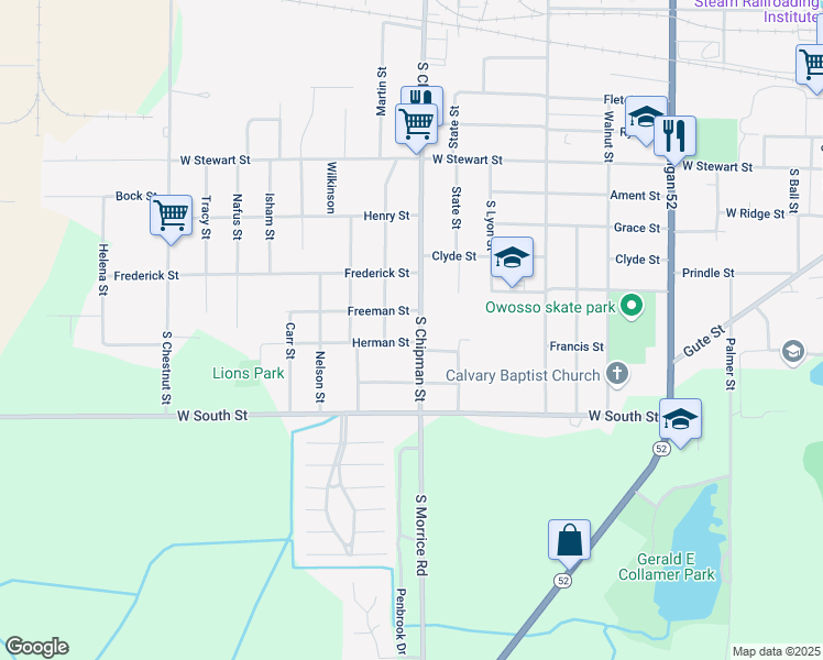 map of restaurants, bars, coffee shops, grocery stores, and more near 1212 Herman Street in Owosso