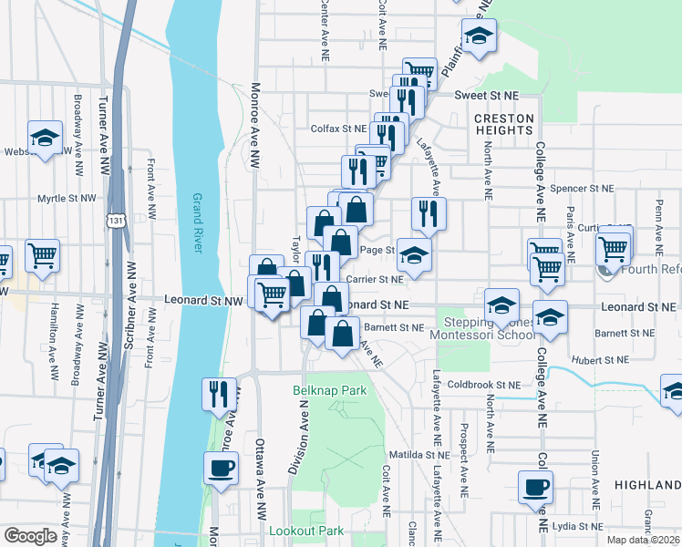 map of restaurants, bars, coffee shops, grocery stores, and more near 1234 Plainfield Avenue Northeast in Grand Rapids