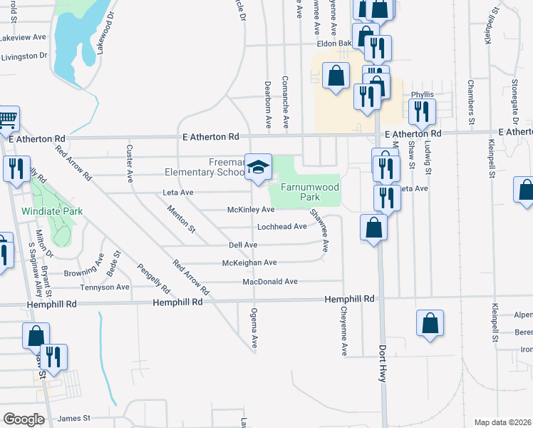 map of restaurants, bars, coffee shops, grocery stores, and more near 802 McKinley Avenue in Flint