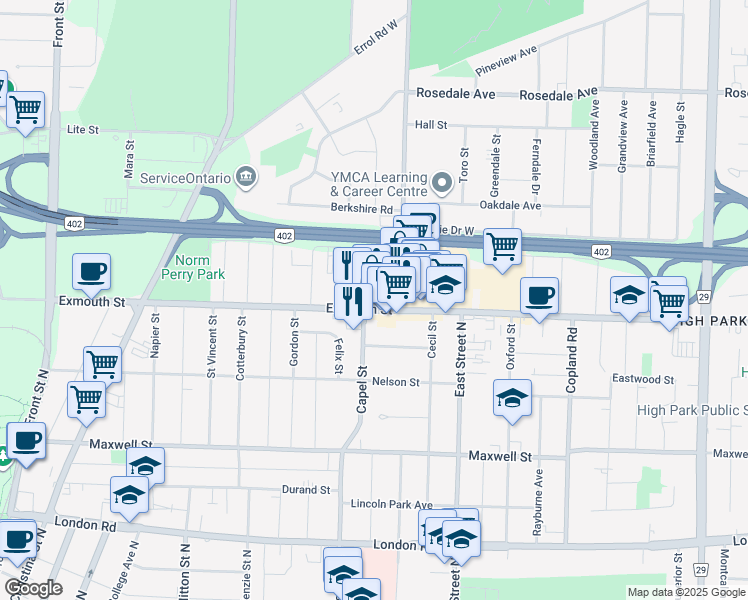 map of restaurants, bars, coffee shops, grocery stores, and more near 400 Exmouth Street in Sarnia