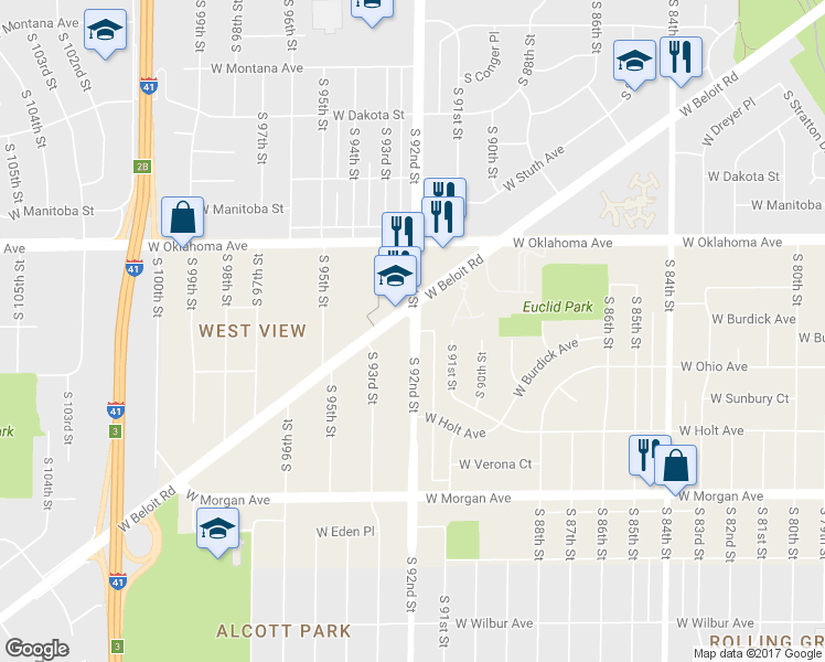 map of restaurants, bars, coffee shops, grocery stores, and more near 3231 South 92nd Street in Milwaukee