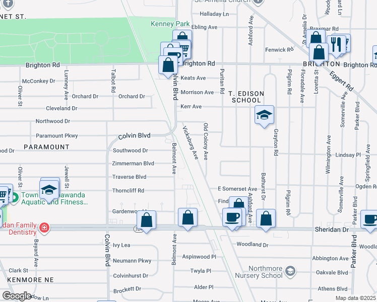 map of restaurants, bars, coffee shops, grocery stores, and more near 250 Vicksburg Avenue in Tonawanda