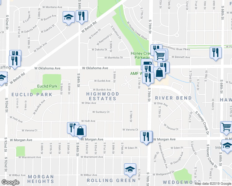 map of restaurants, bars, coffee shops, grocery stores, and more near 7928 West Burdick Avenue in Milwaukee