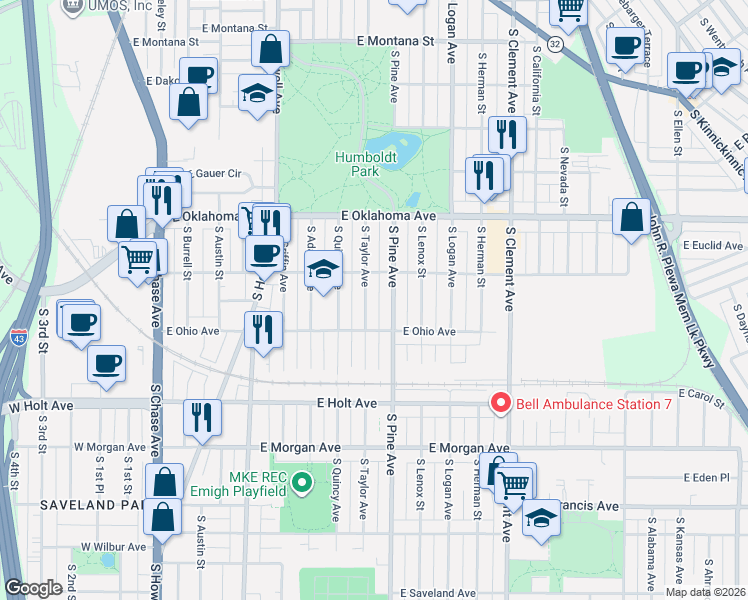 map of restaurants, bars, coffee shops, grocery stores, and more near 3246 South Taylor Avenue in Milwaukee