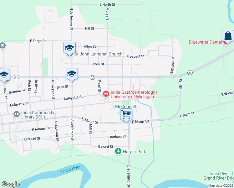 map of restaurants, bars, coffee shops, grocery stores, and more near 625 Lafayette Street in Ionia