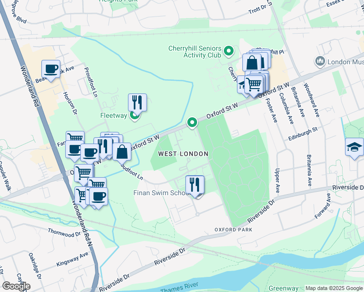 map of restaurants, bars, coffee shops, grocery stores, and more near 366 Oxford Street West in London