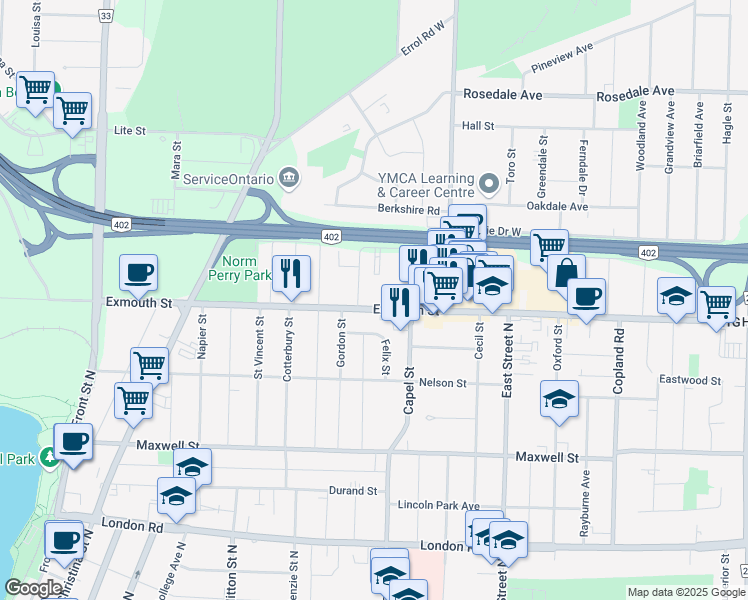 map of restaurants, bars, coffee shops, grocery stores, and more near 380 Exmouth Street in Sarnia