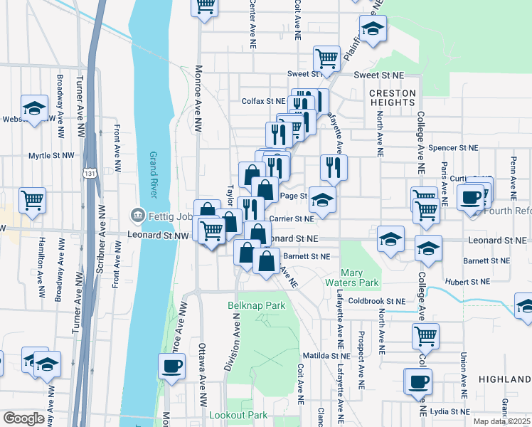 map of restaurants, bars, coffee shops, grocery stores, and more near 111 Carrier Street Northeast in Grand Rapids