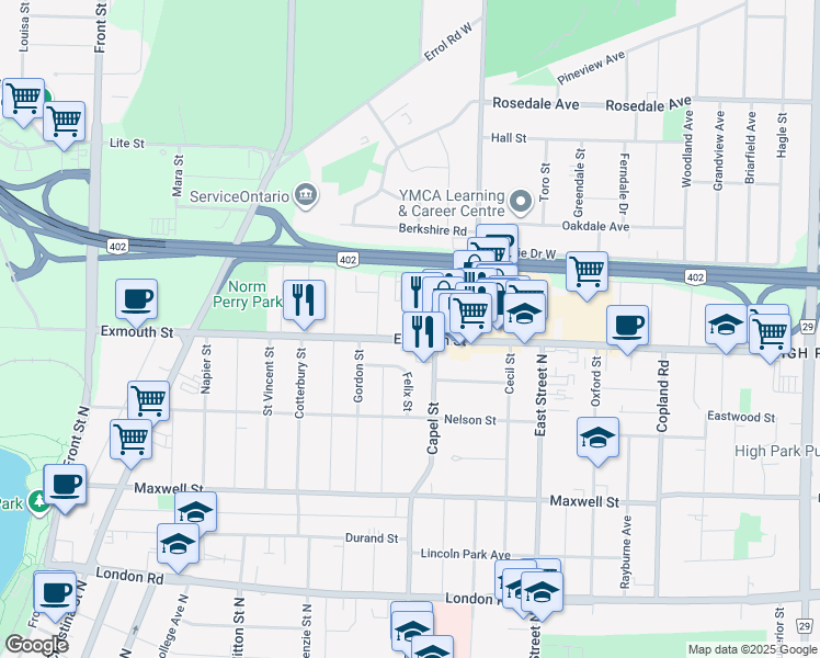 map of restaurants, bars, coffee shops, grocery stores, and more near 396 Exmouth Street in Sarnia