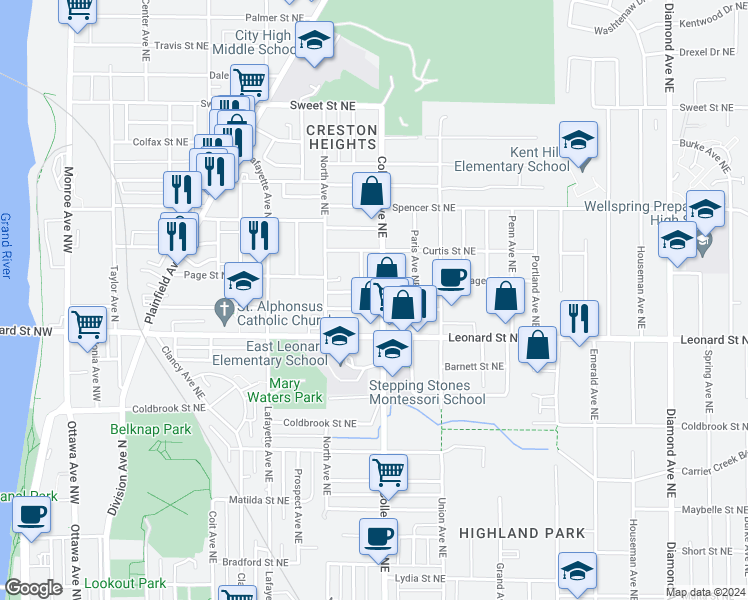 map of restaurants, bars, coffee shops, grocery stores, and more near 453 Carrier Street Northeast in Grand Rapids