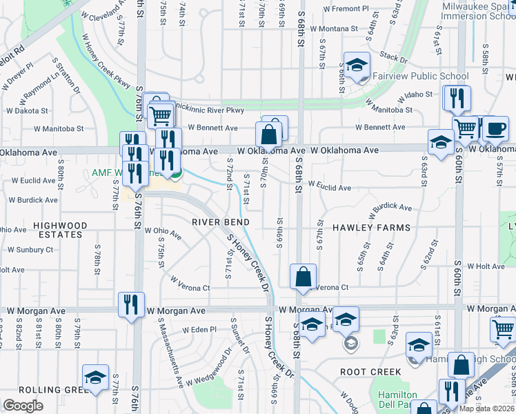 map of restaurants, bars, coffee shops, grocery stores, and more near 7006 West Burdick Avenue in Milwaukee