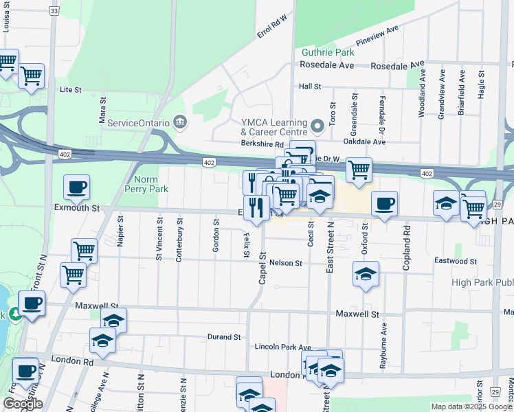 map of restaurants, bars, coffee shops, grocery stores, and more near 400 Exmouth Street in Sarnia