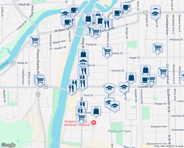 map of restaurants, bars, coffee shops, grocery stores, and more near 41 Albert Street in Welland
