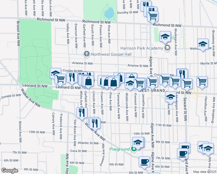 map of restaurants, bars, coffee shops, grocery stores, and more near 1050 Leonard Street Northwest in Grand Rapids