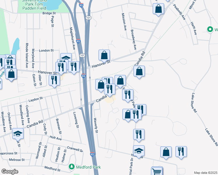 map of restaurants, bars, coffee shops, grocery stores, and more near 880 Candia Road in Manchester