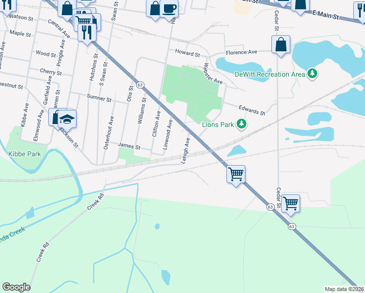 map of restaurants, bars, coffee shops, grocery stores, and more near 11 Lehigh Avenue in Batavia