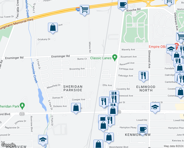 map of restaurants, bars, coffee shops, grocery stores, and more near 63 Balzac Court in Tonawanda