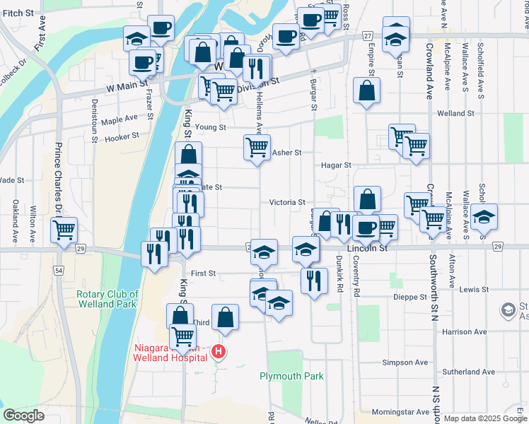 map of restaurants, bars, coffee shops, grocery stores, and more near 332 Hellems Avenue in Welland