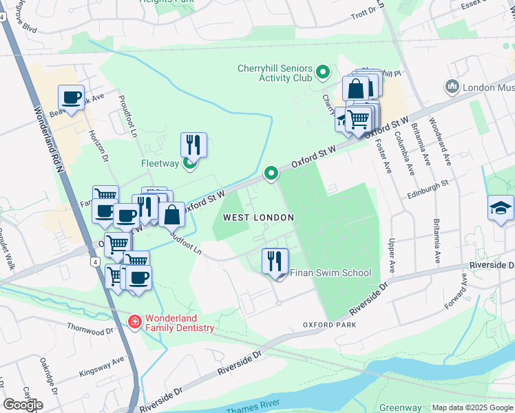 map of restaurants, bars, coffee shops, grocery stores, and more near 366 Oxford Street West in London