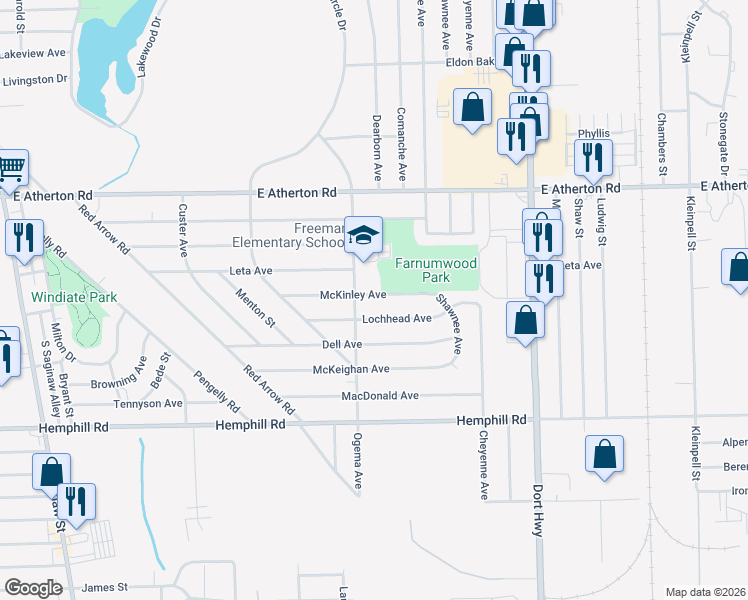 map of restaurants, bars, coffee shops, grocery stores, and more near 802 McKinley Avenue in Flint