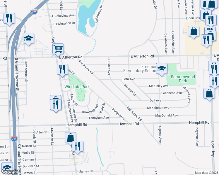 map of restaurants, bars, coffee shops, grocery stores, and more near 4202 Red Arrow Road in Flint
