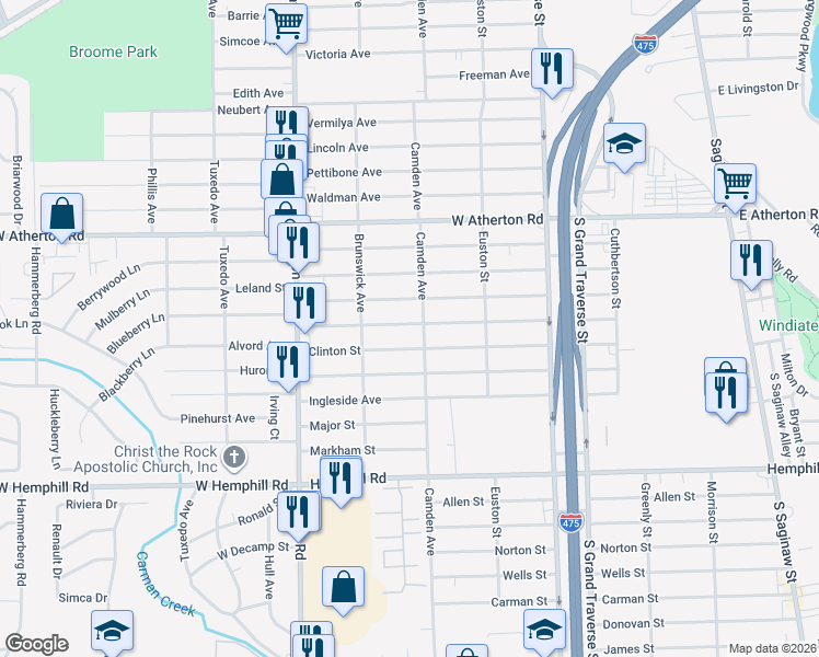 map of restaurants, bars, coffee shops, grocery stores, and more near 749 Alvord Avenue in Flint