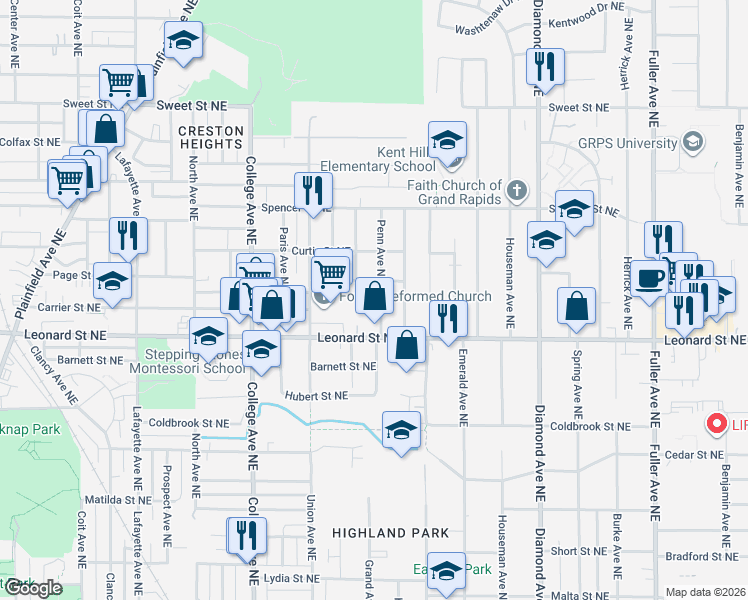 map of restaurants, bars, coffee shops, grocery stores, and more near 1230 Penn Avenue Northeast in Grand Rapids