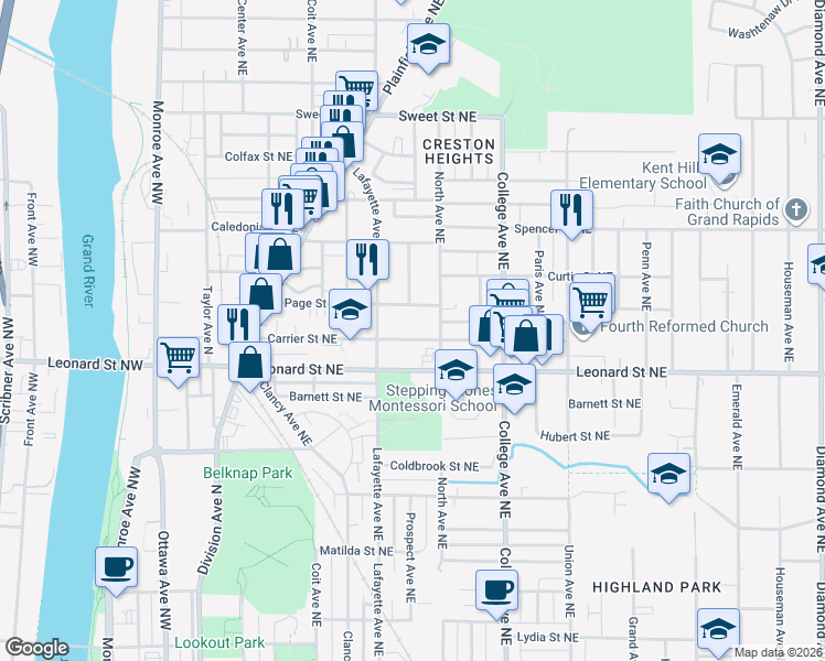 map of restaurants, bars, coffee shops, grocery stores, and more near 339 Carrier Street Northeast in Grand Rapids