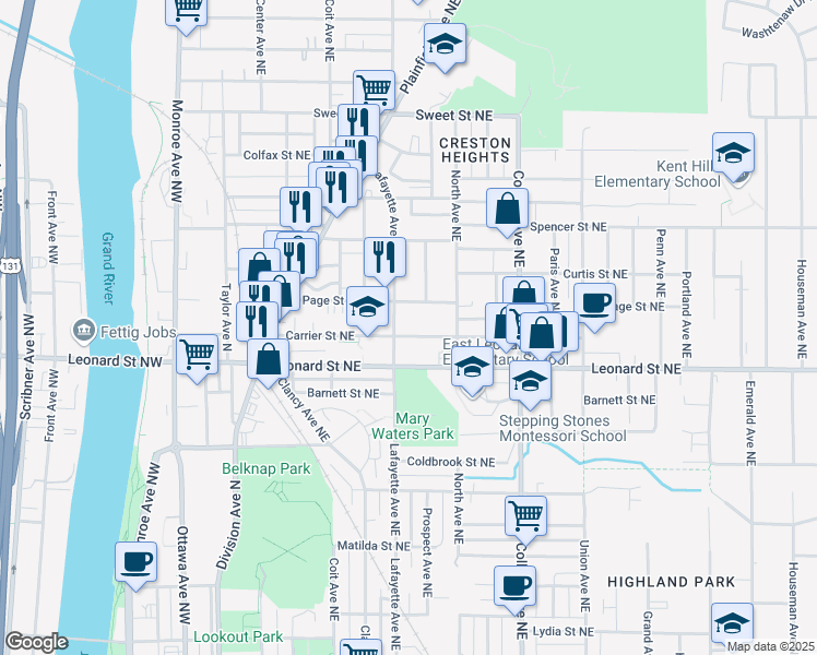 map of restaurants, bars, coffee shops, grocery stores, and more near 1232 Lafayette Avenue Northeast in Grand Rapids