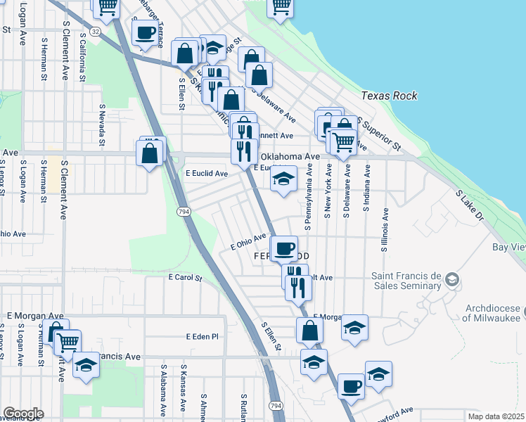 map of restaurants, bars, coffee shops, grocery stores, and more near 3261 South Kinnickinnic Avenue in Milwaukee