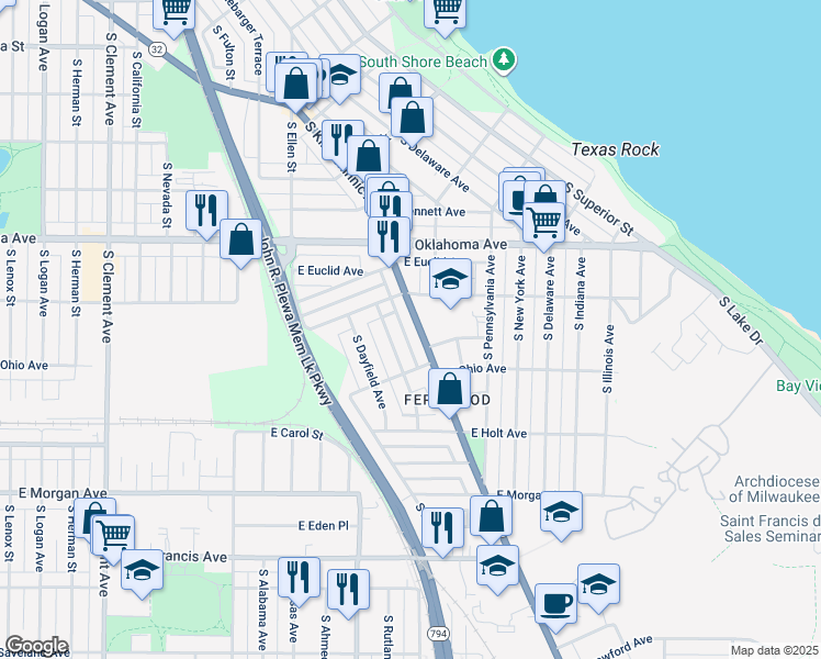 map of restaurants, bars, coffee shops, grocery stores, and more near 3261 South Kinnickinnic Avenue in Milwaukee