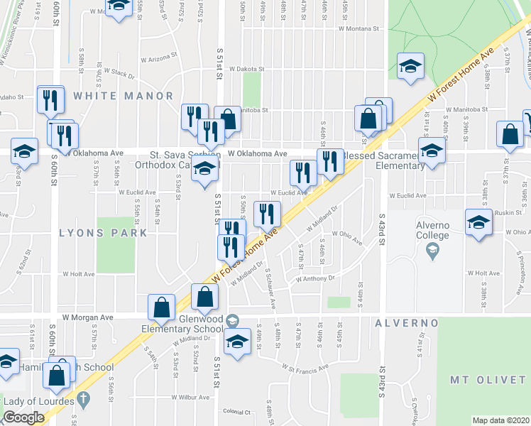 map of restaurants, bars, coffee shops, grocery stores, and more near 3250 South 49th Street in Milwaukee