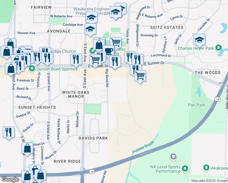 map of restaurants, bars, coffee shops, grocery stores, and more near 1505 Big Bend Road in Waukesha