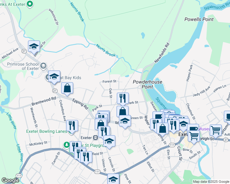 map of restaurants, bars, coffee shops, grocery stores, and more near 10 Salem Street in Exeter