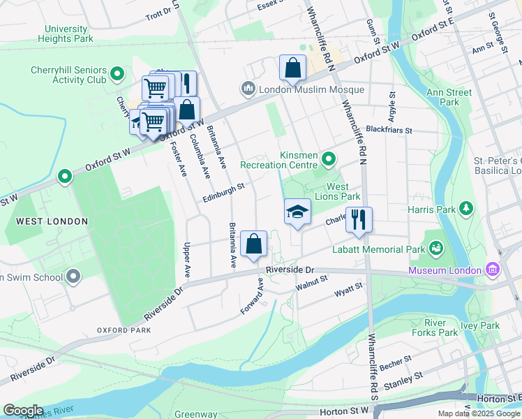 map of restaurants, bars, coffee shops, grocery stores, and more near 59 Woodward Avenue in London